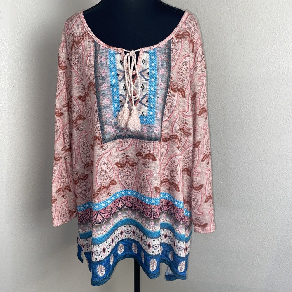 Weekend by Suzanne Betro Tunic Top Women's 4X Pink Paisley Print Tie Notch Boho